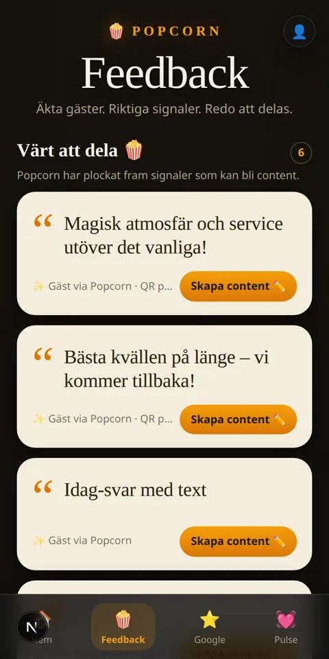 Feedback — gästernas röster som delbara kort